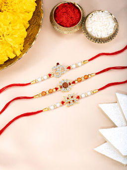 Peora - Om Swastik Rakhis With Roli Chawal & Greeting Card (Pack of 4)
