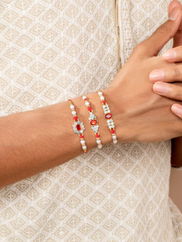 Peora - Crystals & Beads Studded Rakhis With Roli Chawal & Greeting Card (Pack of 4)
