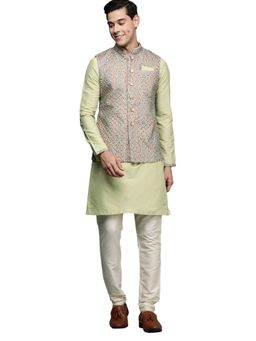 Manyavar - Men's Green Art Silk Festive wear Kurta and Pencil Pyjama with Nehru Jacket (Set of 3)
