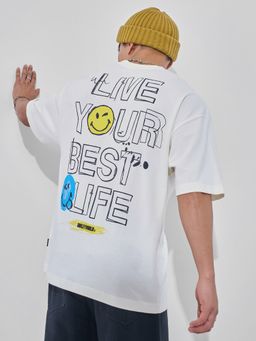 HIGHLANDER - Smiley Men Off White Oversized Round Neck T-Shirt