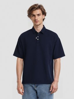 HIGHLANDER - Men Navy Blue Round Neck GraphicPolo T-Shirt