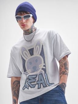 HIGHLANDER - Men Grey Round Neck Oversized Graphic T-Shirt