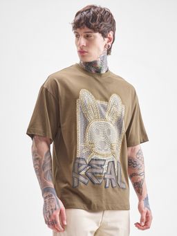 HIGHLANDER - Men Brown Round Neck Oversized Graphic T-Shirt