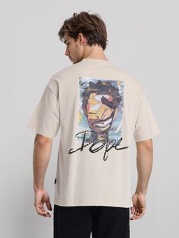 HIGHLANDER - Men Beige Round Neck Oversized Graphic T-Shirt