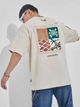HIGHLANDER - Men Cream Round Neck Oversized Graphic T-Shirt