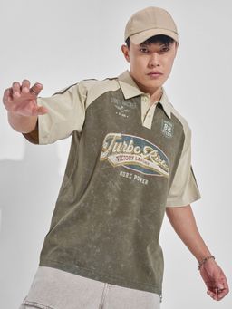 HIGHLANDER - Men Olive Peach Raglan Oversized Polo T-Shirt