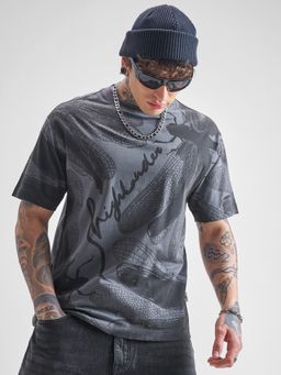 HIGHLANDER - Men Grey Round Neck Oversized Graphic T-Shirt