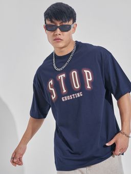 HIGHLANDER - Men Navy Blue Round Neck Oversized Typography T-Shirt