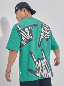 HIGHLANDER - Men Green Round Neck Oversized Graphic T-Shirt