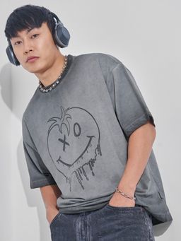 HIGHLANDER - Men Grey Round Neck Oversized Graphic T-Shirt