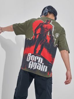 HIGHLANDER - Marvel Dare Devil Olive Round Neck Oversized Graphic T-Shirt