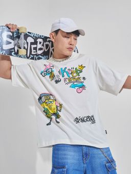 HIGHLANDER - Viacom Sponge Bob Square Off White Oversized Round Neck T-Shirt