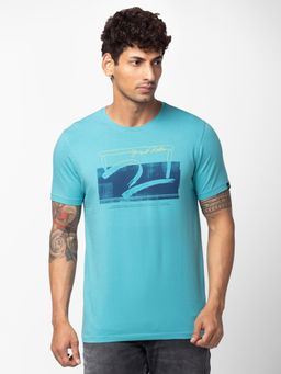 Spykar - Turquoise Round Neck Half Sleeves Blended T-Shirt For Men