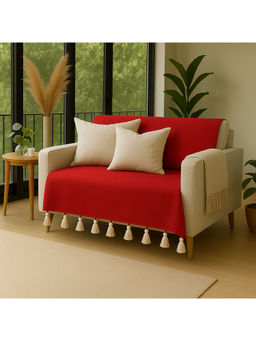 THROW PILLOW - Red Sofa Cover With White Tassels For 1 Seater 65X130 Cm