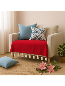 THROW PILLOW - Red Sofa Cover With White Tassels For 1 Seater 65X65 Cm