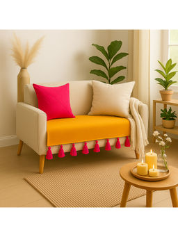 THROW PILLOW - Ochre Sofa Cover With Magenta Tassels For 1 Seater 65X65 Cm