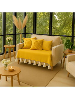 THROW PILLOW - Yellow Sofa Cover With White Tassels For 1 Seater 65X65 Cm