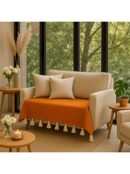 THROW PILLOW - Orange Sofa Cover With White Tassels For 1 Seater 65X65 Cm