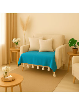 THROW PILLOW - Cerulean Blue Sofa Cover With White Tassels For 1 Seateros-65X65 Cm