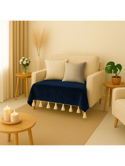 THROW PILLOW - Navy Blue Sofa Cover With White Tassels For 1 Seater 65X65 Cm