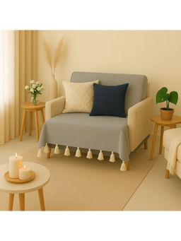 THROW PILLOW - Light Grey Sofa Cover With White Tassels For 1 Seaterbs-65X130 Cm