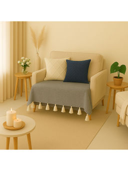 THROW PILLOW - Light Grey Sofa Cover With White Tassels For 1 Seateros-65X65 Cm