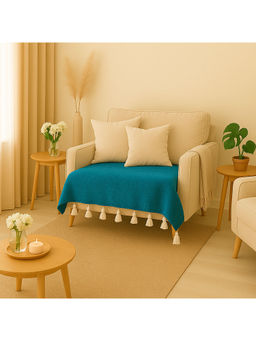 THROW PILLOW - Teal Blue Sofa Cover With White Tassels For 1 Seater 65X65 Cm