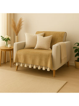 THROW PILLOW - Tan Beige Sofa Cover With White Tassels For 1 Seater 65X130 Cm