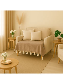 THROW PILLOW - Tan Beige Sofa Cover With White Tassels For 1 Seater 65X65 Cm