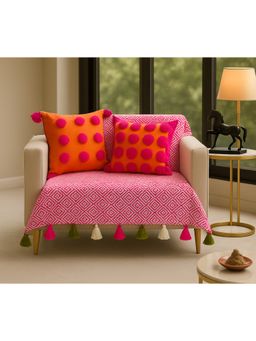 THROW PILLOW - Pink Aztec Printed Sofa Cover With White Tassels For 1 Seater 65X130 Cm