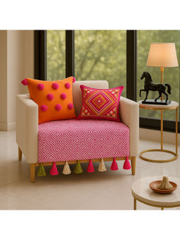THROW PILLOW - Pink Aztec Printed Sofa Cover With White Tassels For 1 Seater 65X65 Cm