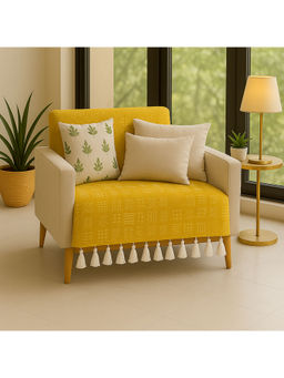THROW PILLOW - Mustard Tribal Printed Sofa Cover With White Tassels For 1 Seaterbs-65X130 Cm