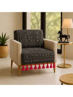 THROW PILLOW - Black Tribal Printed Sofa Cover With Magenta Tassels For 1 Seaterbs-65X130 Cm