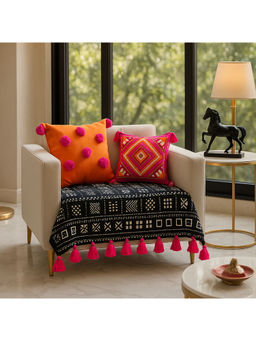 THROW PILLOW - Black Tribal Printed Sofa Cover With Magenta Tassels For 1 Seateros-65X65 Cm