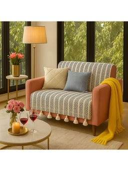 THROW PILLOW - Neutral Herringbone Printed Sofa Cover With White Tassels For 1 Seater 65X130 Cm