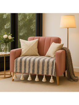 THROW PILLOW - Neutral Herringbone Printed Sofa Cover With White Tassels For 1 Seater 65X65 Cm