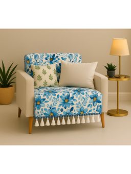 THROW PILLOW - Blue Floral Printed Sofa Cover With White Tassels For 1 Seaterbs-65X130 Cm