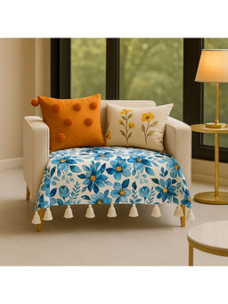 THROW PILLOW - Blue Floral Printed Sofa Cover With White Tassels For 1 Seateros-65X65 Cm