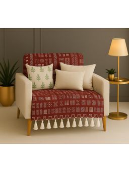 THROW PILLOW - Maroon Tribal Printed Sofa Cover With White Tassels For 1 Seaterbs-65X130 Cm