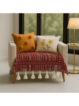 THROW PILLOW - Maroon Tribal Printed Sofa Cover With White Tassels For 1 Seateros-65X65 Cm