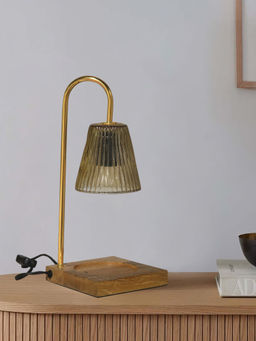 Metalsmith - Modern Candle Warmer Lamp With Fluted Glass Shade & Wooden Base
