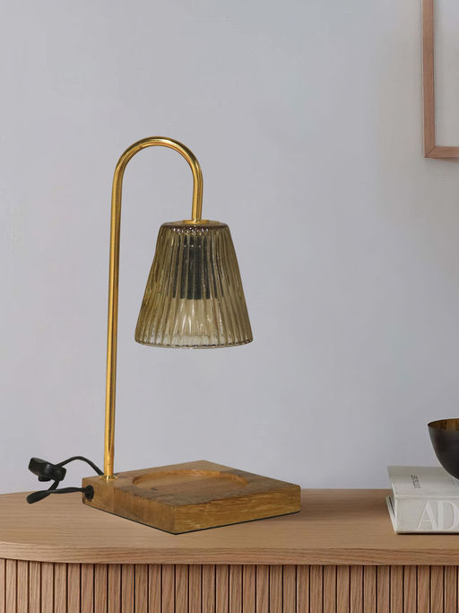 Metalsmith Modern Candle Warmer Lamp With Fluted Glass Shade & Wooden Base