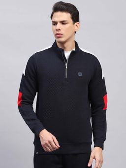 Monte Carlo - Men Textured Navy Blue High Neck Full Sleeve T-Shirt