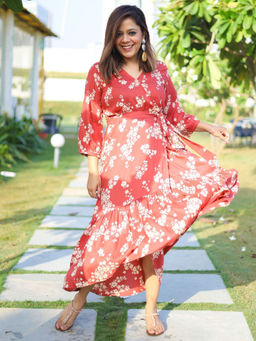 The Svaya - Rust Floral Printed Wrap Maxi Dress
