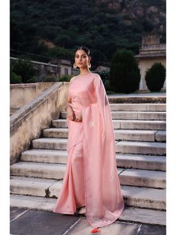 Geroo Jaipur - Pink Embellished Crinkle Tissue Saree with Unstitched Blouse