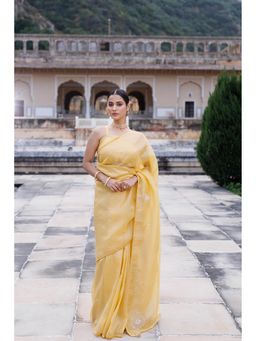 Geroo Jaipur - Yellow Embellished Crinkle Tissue Saree with Unstitched Blouse