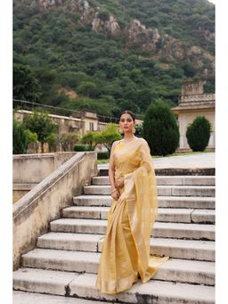 Geroo Jaipur - Yellow Crinkled Tissue Saree with Unstitched Blouse