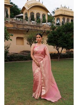 Geroo Jaipur - Pink Crinkled Tissue Saree with Unstitched Blouse
