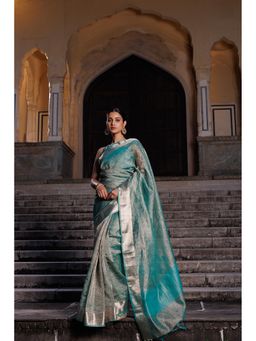 Geroo Jaipur - Turquoise Blue Crinkled Tissue Saree with Unstitched Blouse