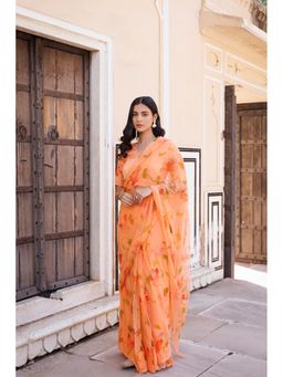 Geroo Jaipur - Orange Hand Painted Pre-Stitched Saree with Unstitched Blouse
